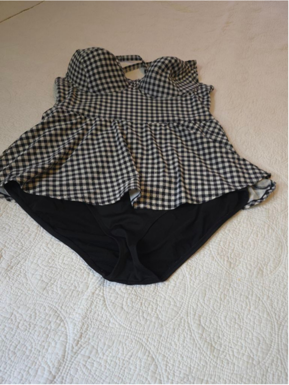 Women's Torrid Plus Size Retro Gingham Peplum One Piece Swimsuit 3X Black White - Picture 2 of 7
